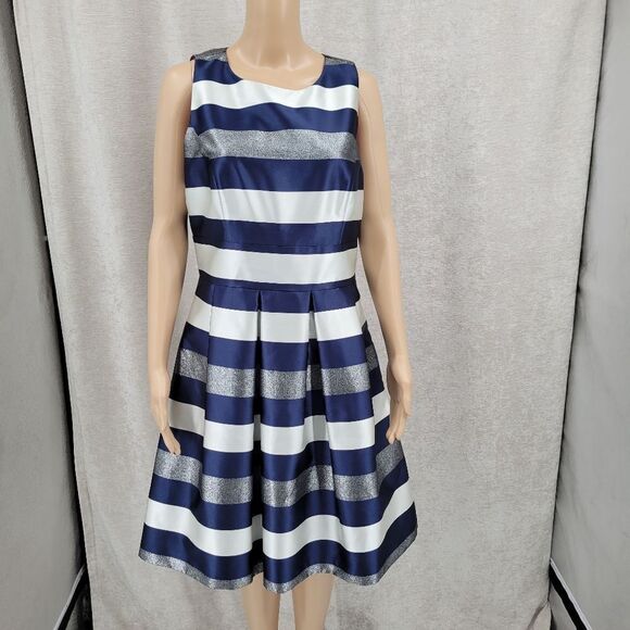 Eliza J Striped Crepe Fit & Flare Party Dress  Navy White Metallic Silver Pocket - Picture 9 of 13
